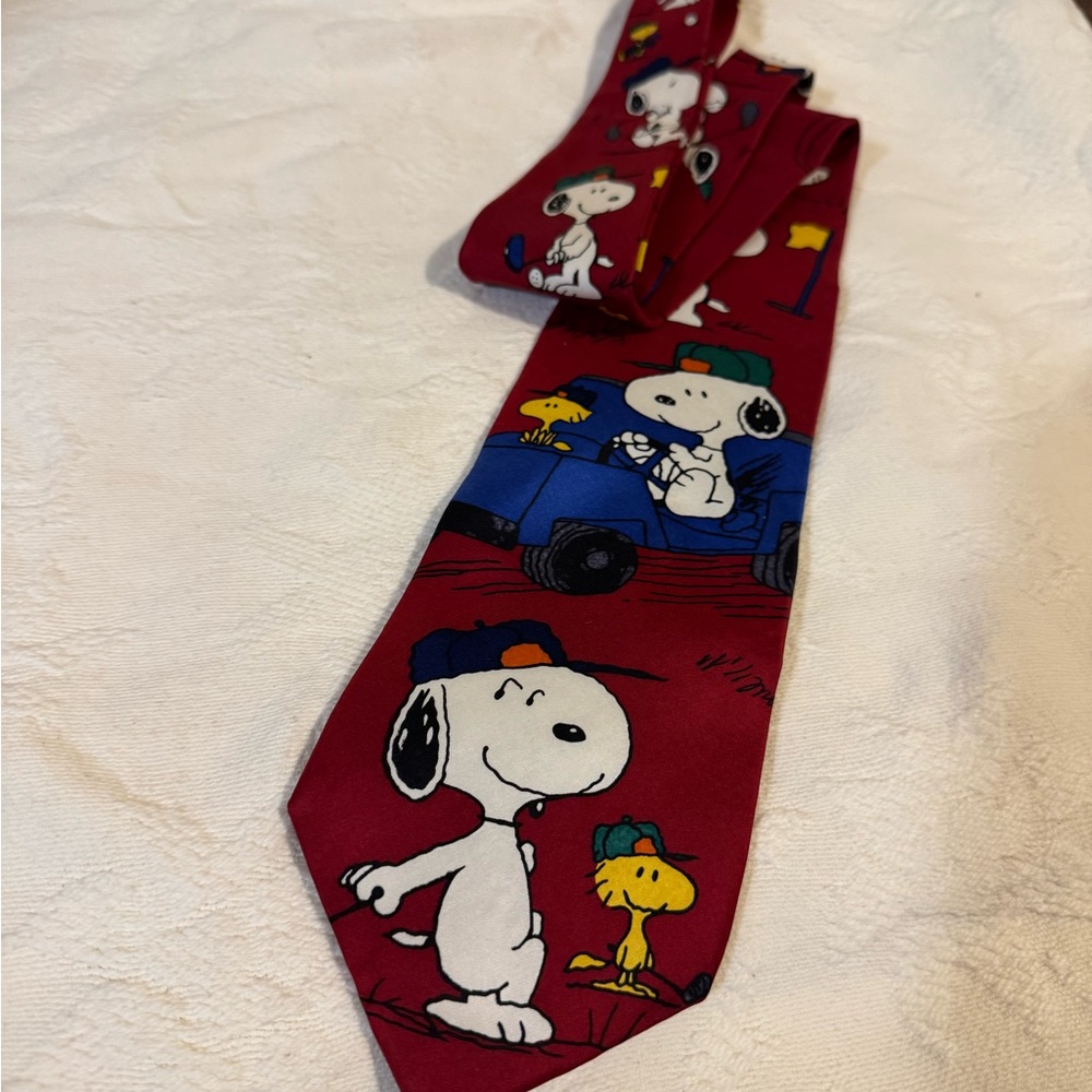 Vintage Peanuts Golf Golfing Red Tie With Snoopy And Woodstock Silk